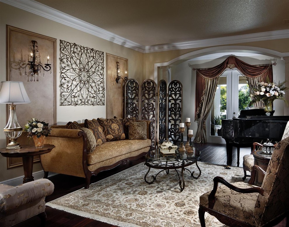 Inspiration for a traditional living room in Miami with a music area and beige walls.
