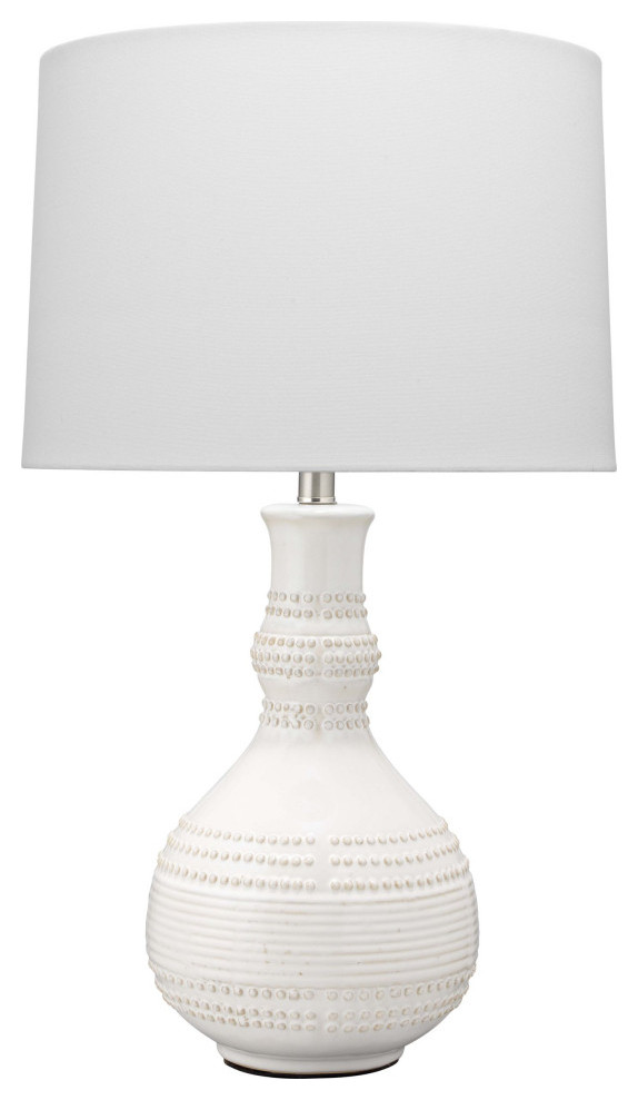 Droplet Table Lamp, White Ceramic With Cone Shade, White Linen