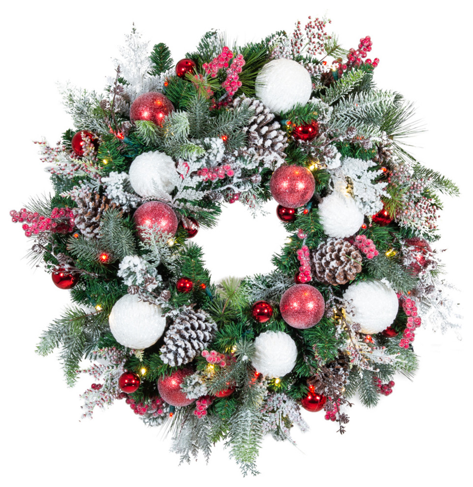 30" Lighted Christmas Wreath, Frosted Wonderland Traditional