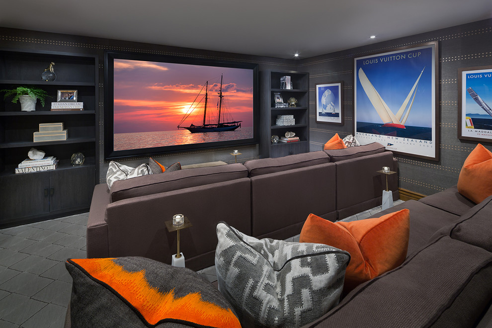 Design ideas for a beach style enclosed home theatre in Indianapolis with multi-coloured walls, a projector screen and grey floor.