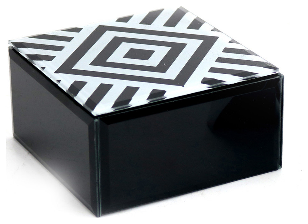 Glass and Wood Square Storage Box, Black and White Contemporary Decorative Boxes by