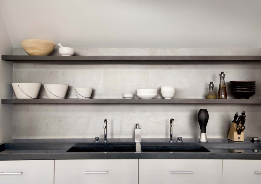 Design ideas for a contemporary kitchen in New York with white splashback and porcelain splashback.