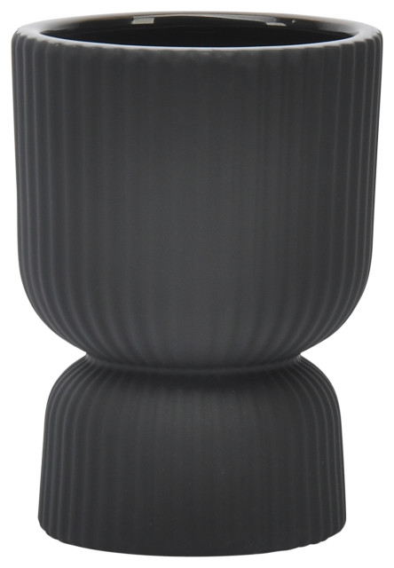 Ceramic 6"H Ribbed Vase, Black