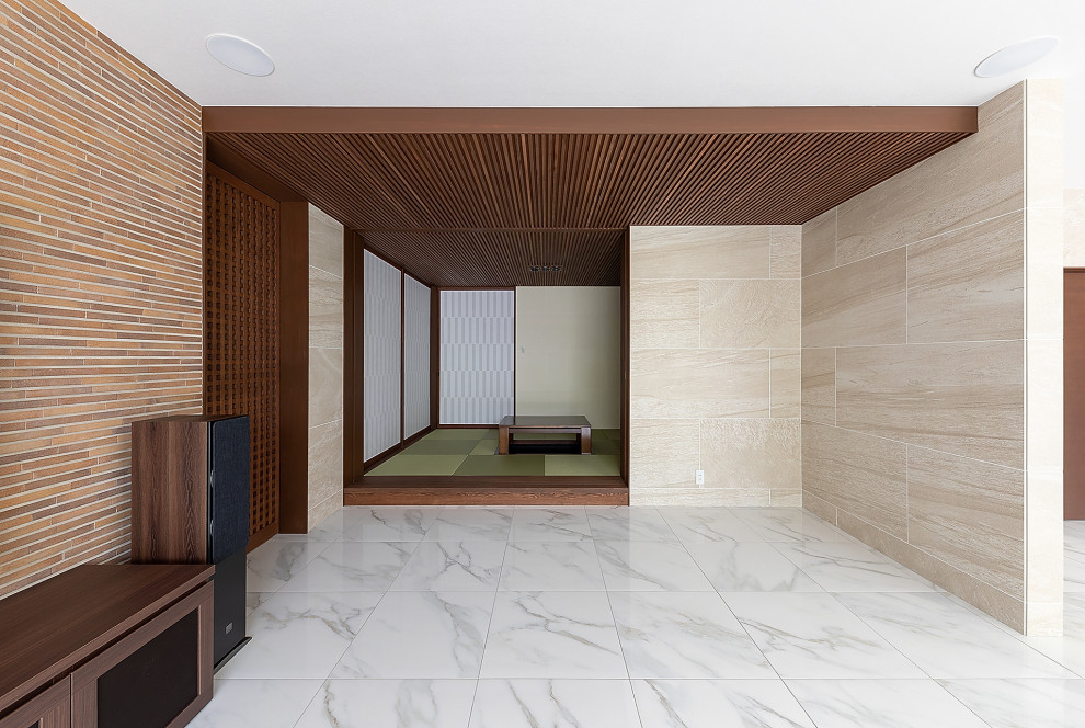 Inspiration for a large world-inspired living room in Osaka with beige walls, ceramic flooring, a wall mounted tv, white floors, a wallpapered ceiling and panelled walls.