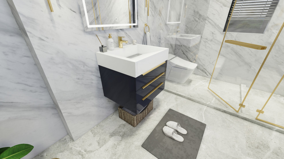 This is an example of a small modern 3/4 bathroom in Los Angeles with shaker cabinets, grey cabinets, a trough sink, limestone benchtops, white benchtops, a single vanity and a freestanding vanity.