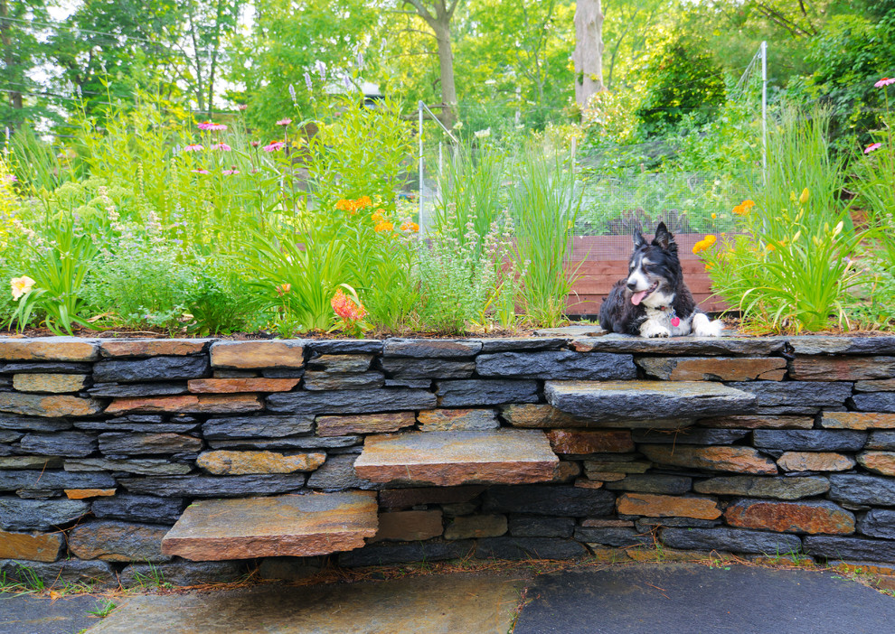 Design ideas for a mid-sized country backyard xeriscape in Boston with a retaining wall and natural stone pavers.