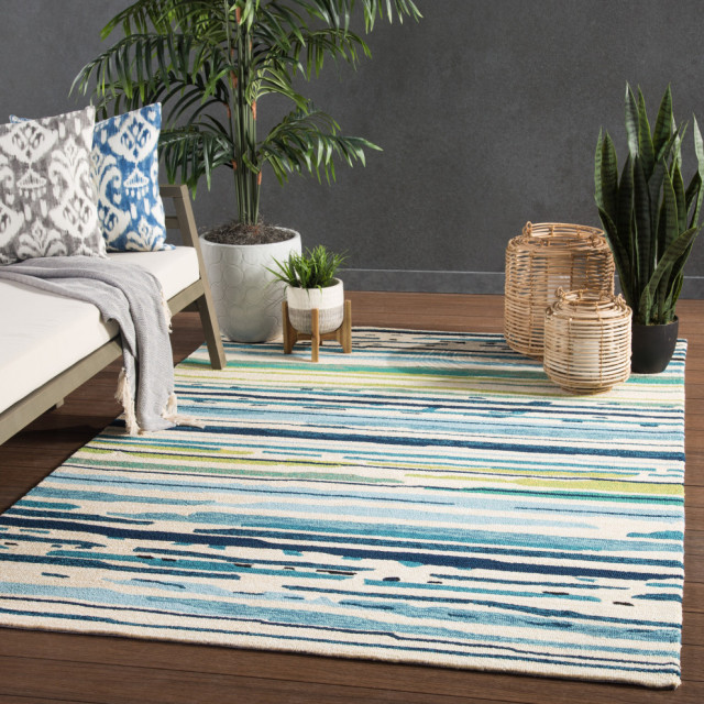Jaipur Living Sketchy Lines Indoor, Navy And Green Outdoor Rug