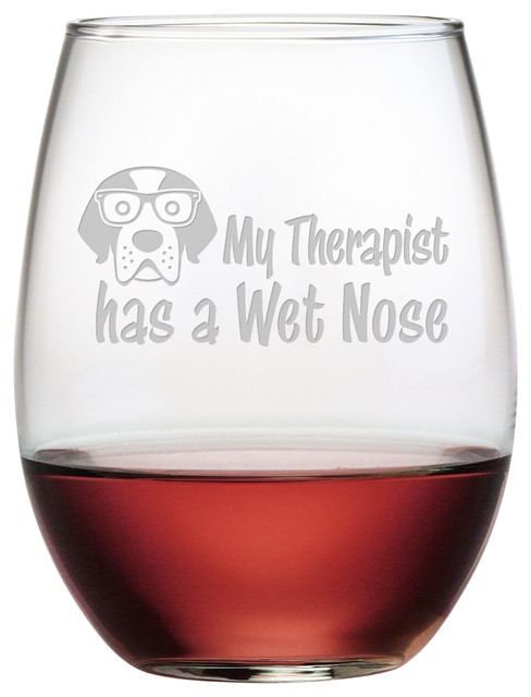 "My Therapist Has a Wet Nose" Stemless Wine Glasses, Set of 4