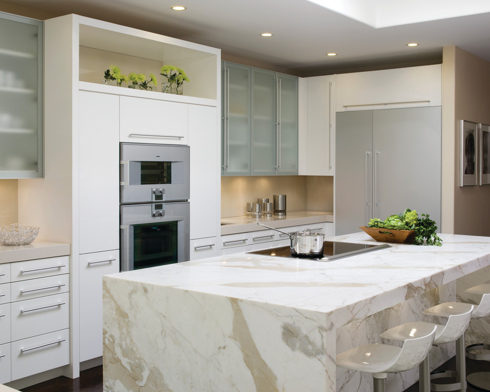 Example of a trendy dark wood floor kitchen design in New York with flat-panel cabinets, white cabinets, stainless steel appliances and an island