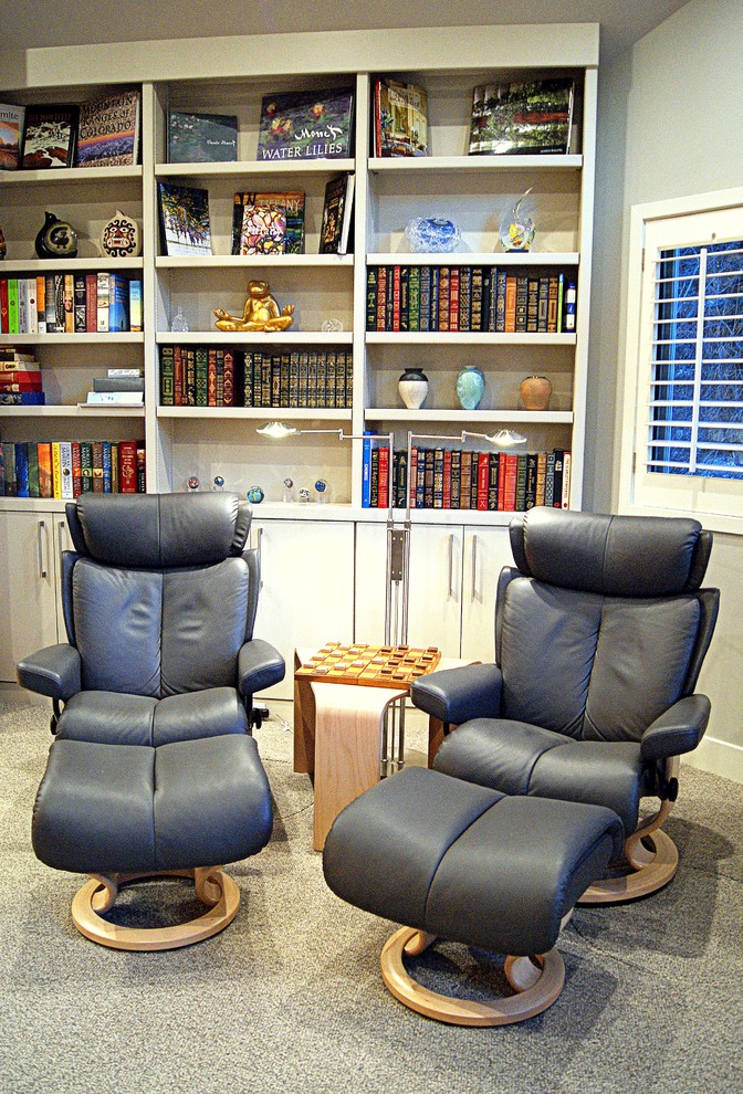 Example of a small trendy enclosed carpeted family room library design in Denver with gray walls, a two-sided fireplace, a stone fireplace and a wall-mounted tv