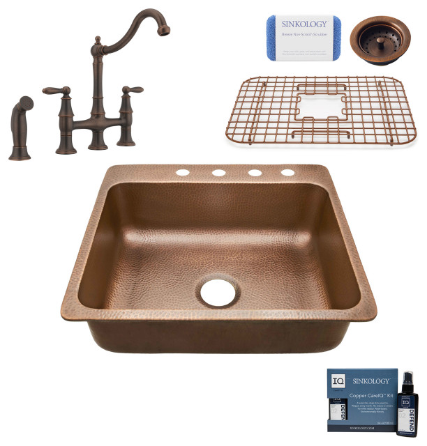 Rosa 25" Drop-in Copper Kitchen Sink, Bridge Faucet and Strainer Drain