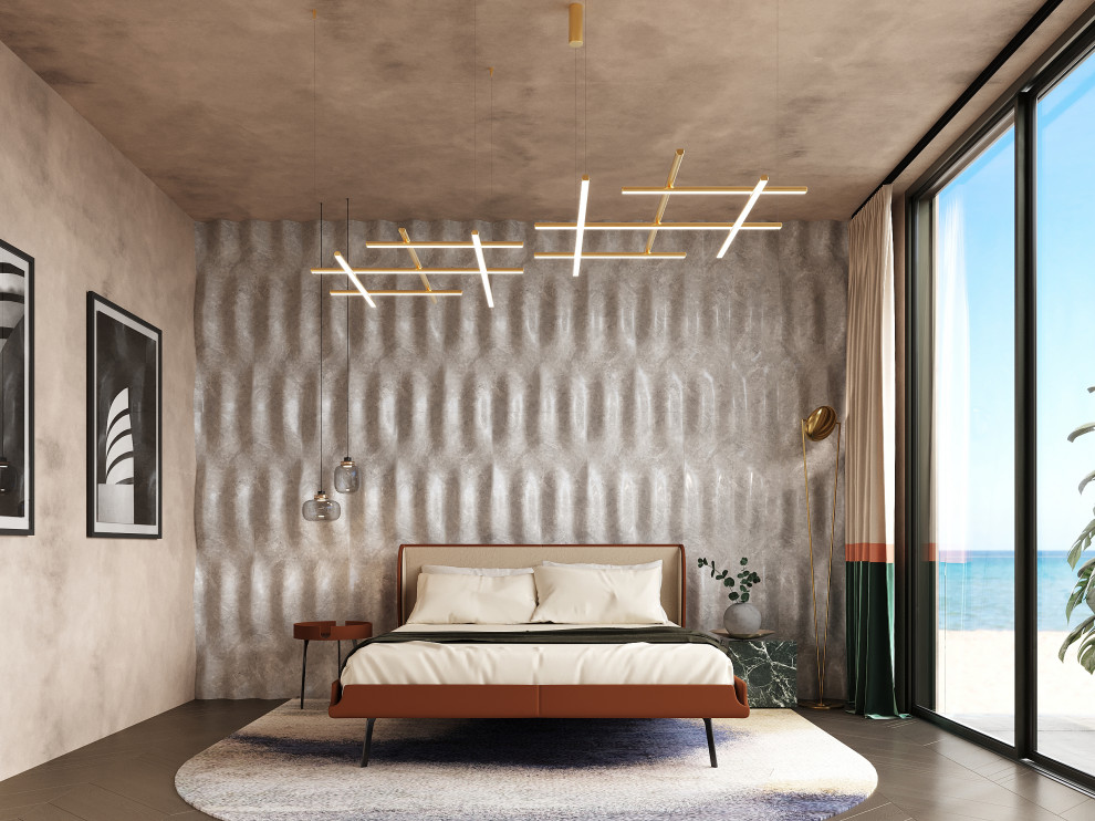 Modern master bedroom in Brussels with grey walls, dark hardwood floors and brown floor.