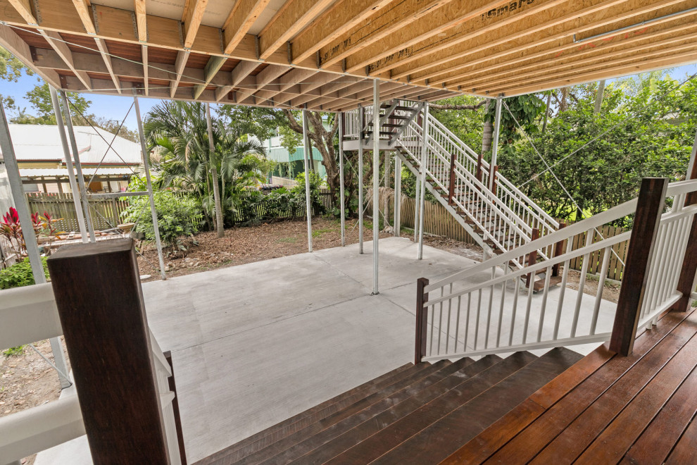 Photo of a large contemporary two-storey white house exterior in Brisbane with concrete fiberboard siding, a shed roof, a metal roof, a grey roof and clapboard siding.