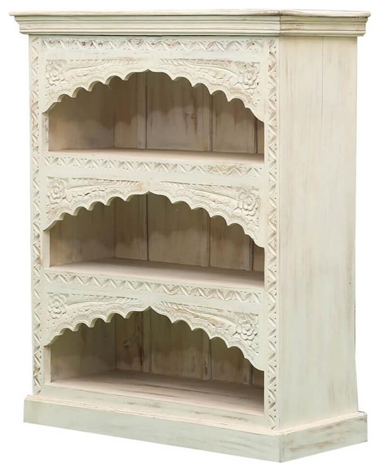 White Hand-carved Solid Wood 3 Tier Bookcase
