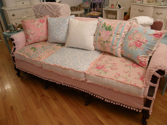 Shabby Chic Slipcovered Sofa Vintage Chenille And Roses Fabrics