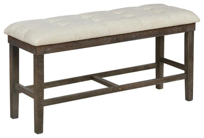 Counterheight Rustic Dark Oak Dining Bench Upholstered with Beige Linen Fabric