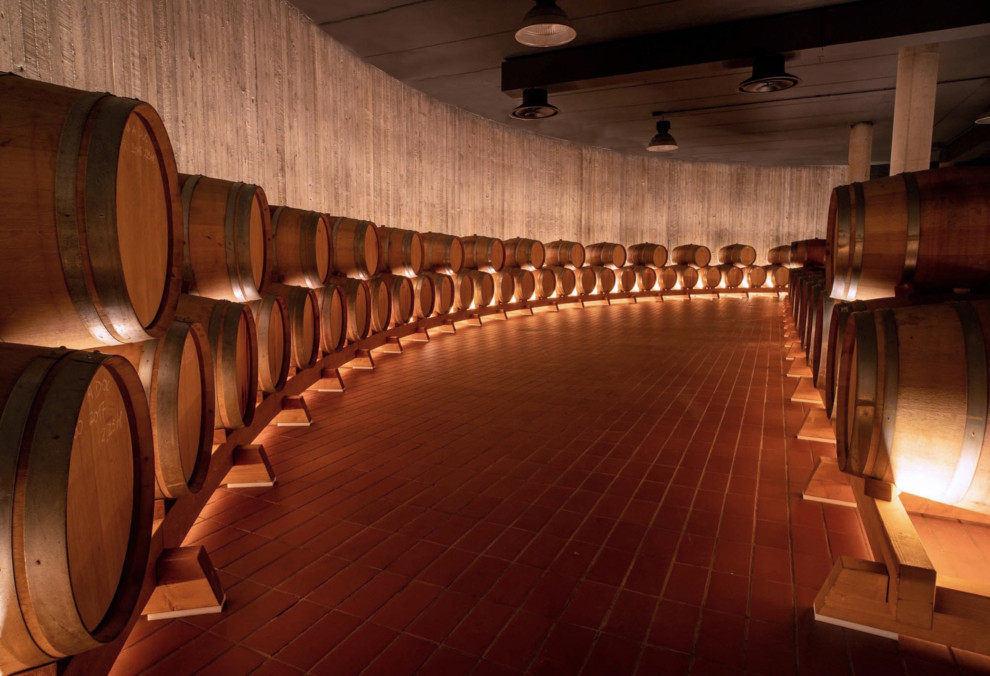 Großer Moderner Weinkeller mit Terrakottaboden, waagerechter Lagerung und orangem Boden in Rom