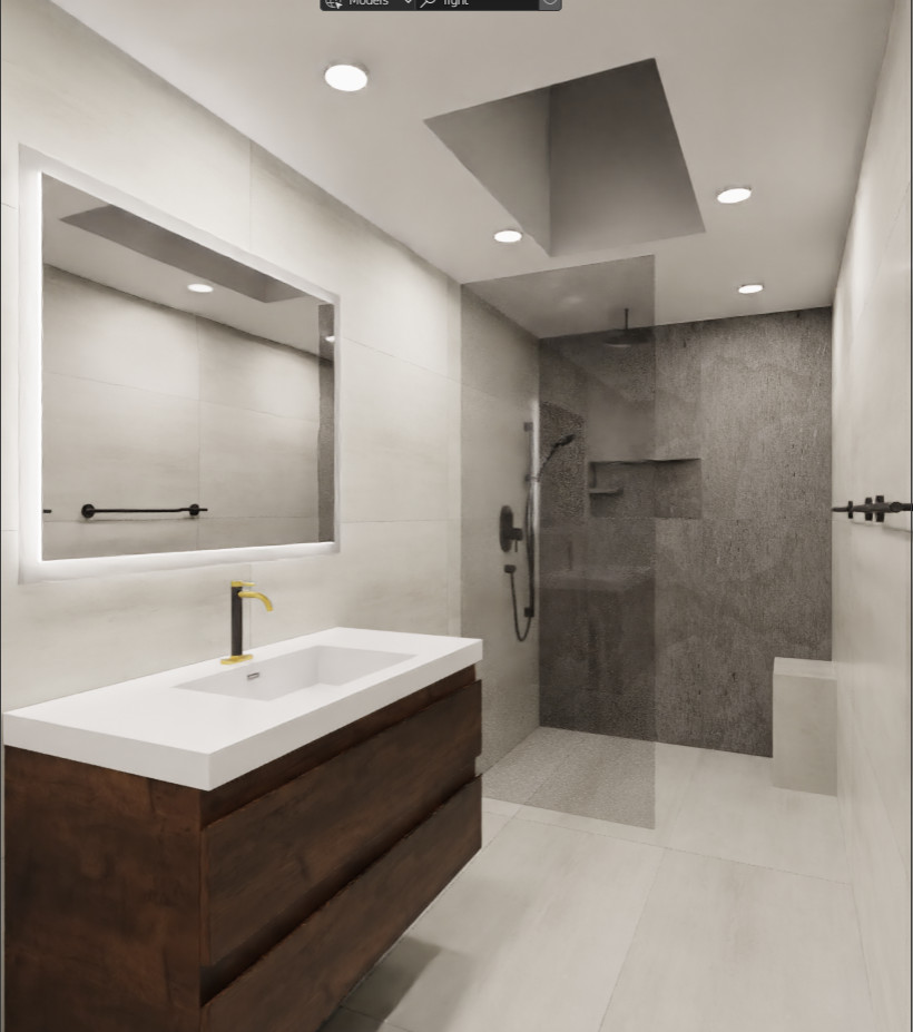This is an example of a large modern ensuite bathroom in New York with recessed-panel cabinets, dark wood cabinets, a built-in shower, a one-piece toilet, grey tiles, ceramic tiles, grey walls, ceramic flooring, a wall-mounted sink, grey floors, an open shower, white worktops, a single sink and a floating vanity unit.