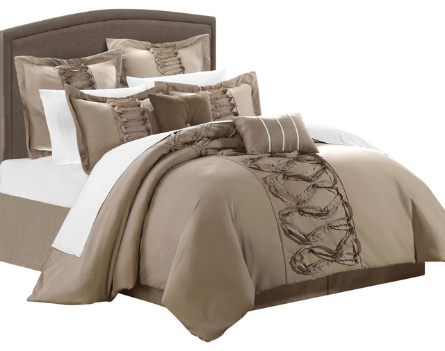 Queen King Bed Solid Taupe Brown Ruffles Pintuck Pleat 8pc Comforter Set Bedding Comforters Bedding Sets Bedding