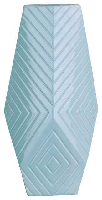7.5x5x15" Large Ceramic Vase, Blue Modern Neutral Geometric Home Decor