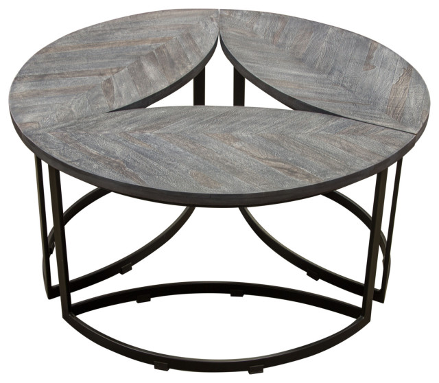 Dalia 3pc Cocktail Table Set Solid Sheesham Wood Top Grey Finish & Iron Base Industrial