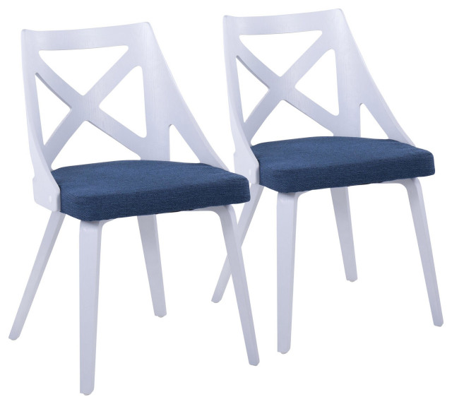 Charlotte Chair, Set of 2, White Textured Wood, Blue Fabric