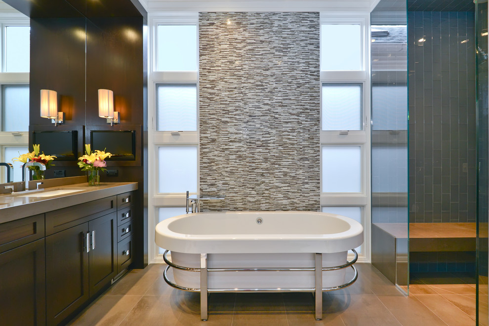 Contemporary bathroom in Chicago with a freestanding tub.