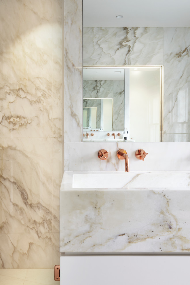 Design ideas for a contemporary bathroom in London with multi-coloured tile, marble, an integrated sink, marble benchtops, an open shower and multi-coloured benchtops.