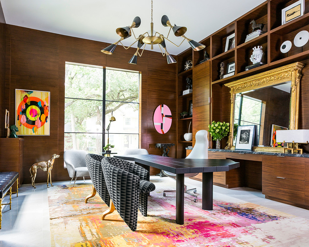 Photo of an eclectic study room in Houston with brown walls, a freestanding desk and white floor.