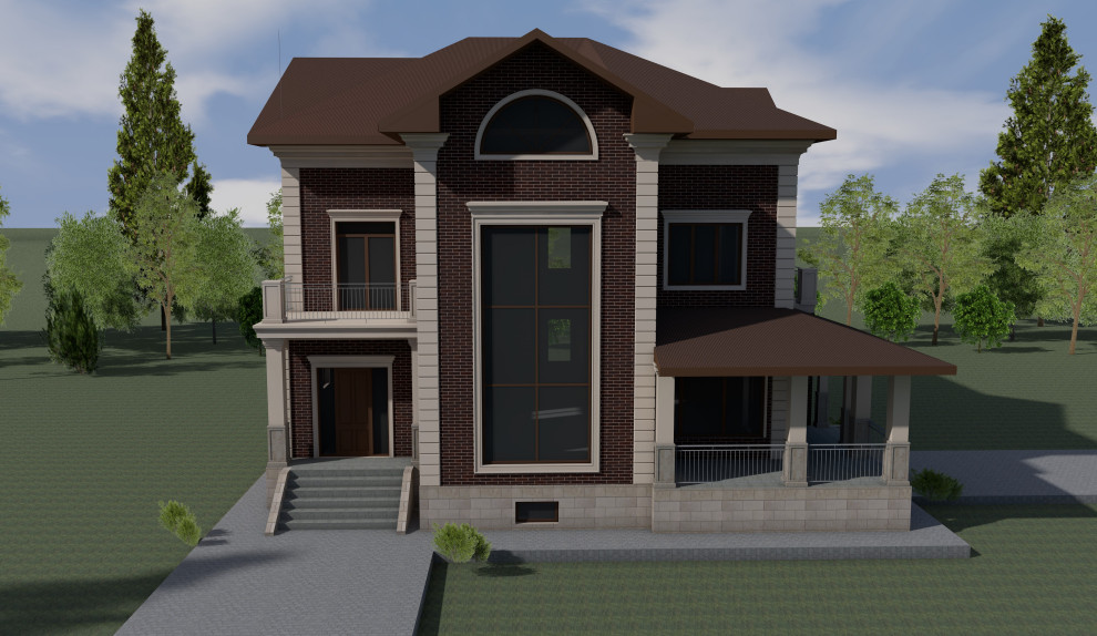 Фасады загородного дома и гаража в коттеджном поселке