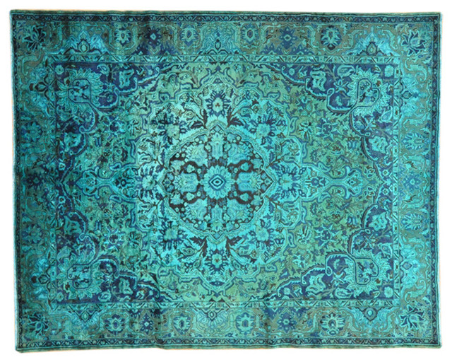100% Wool Blue Cast Persian Bakhtiari Overdyed, Hand-Knotted Rug