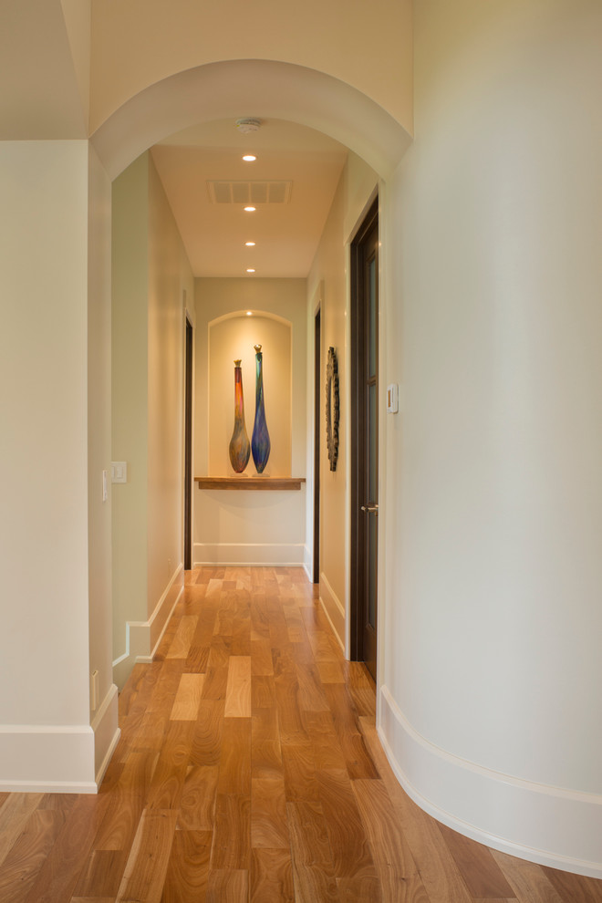 This is an example of a large contemporary hallway in Other with beige walls and medium hardwood floors.