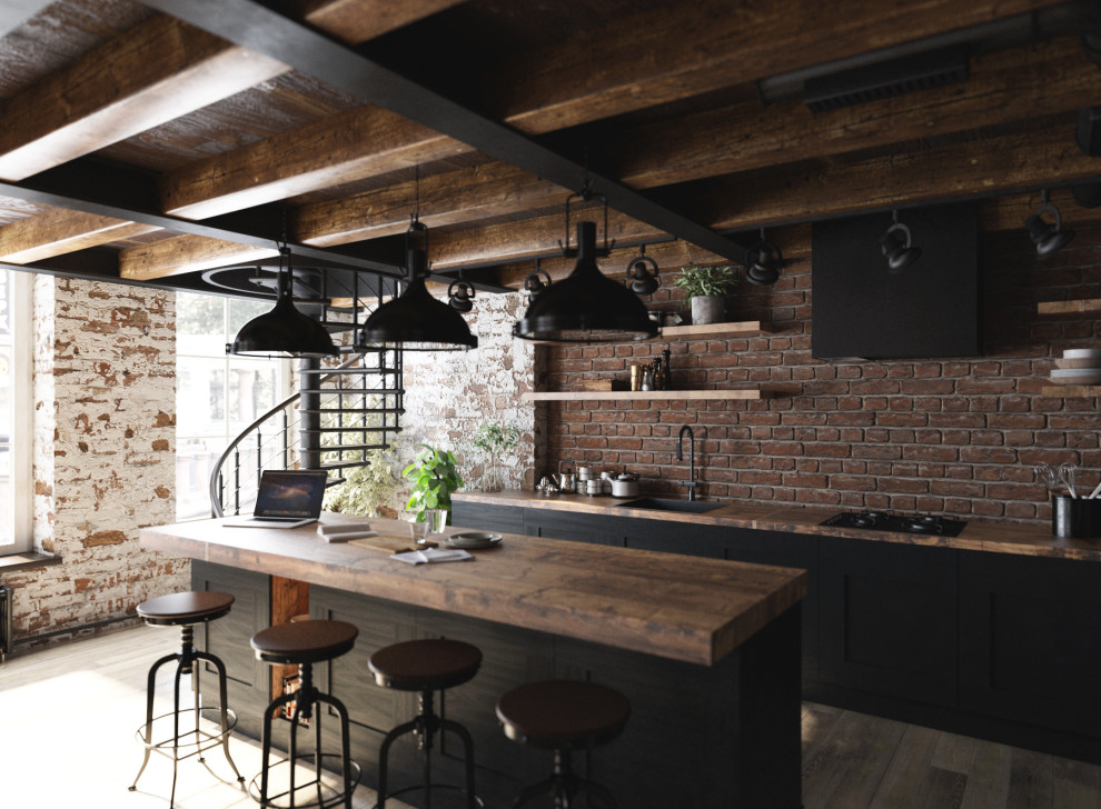 Inspiration for a large industrial galley eat-in kitchen with an undermount sink, shaker cabinets, black cabinets, wood benchtops, brown splashback, brick splashback, panelled appliances, medium hardwood floors, with island, brown floor, brown benchtop and exposed beam.