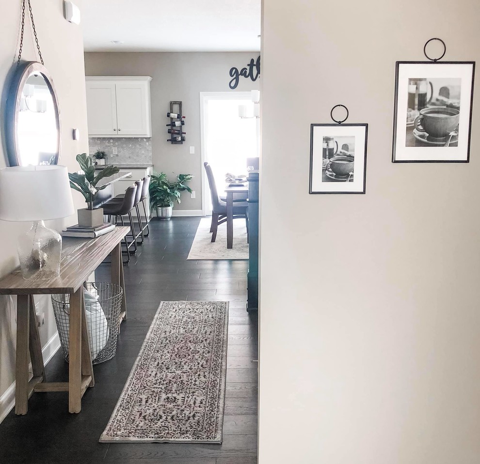Inspiration for a transitional dark wood floor and brown floor entryway remodel in Minneapolis with gray walls
