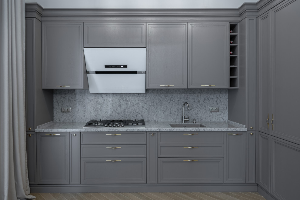 Design ideas for a mid-sized transitional l-shaped eat-in kitchen in Moscow with an undermount sink, beaded inset cabinets, grey cabinets, quartz benchtops, grey splashback, white appliances, laminate floors, no island, grey floor and grey benchtop.