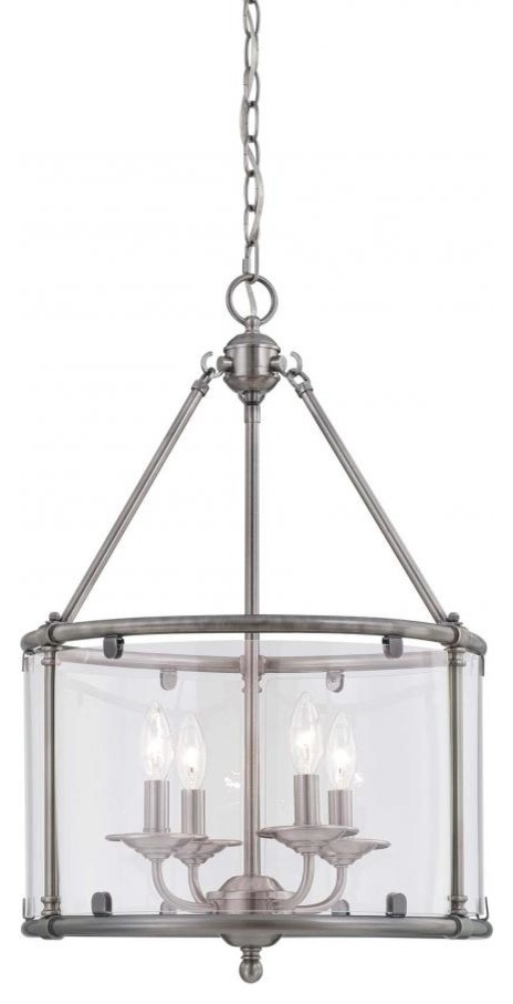 Four Light Brushed Pewter Clear Glass Framed Glass Foyer Hall Fixture