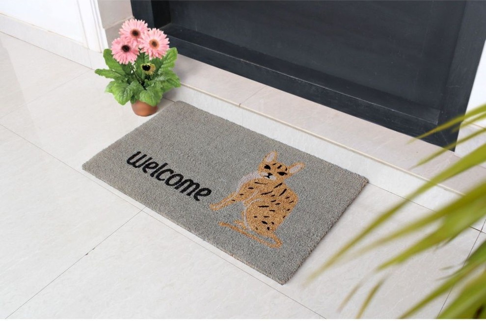 Light Gray Machine Tufted Chettah Cat Coir Doormat, 18"x30", 18"x30" Contemporary Doormats