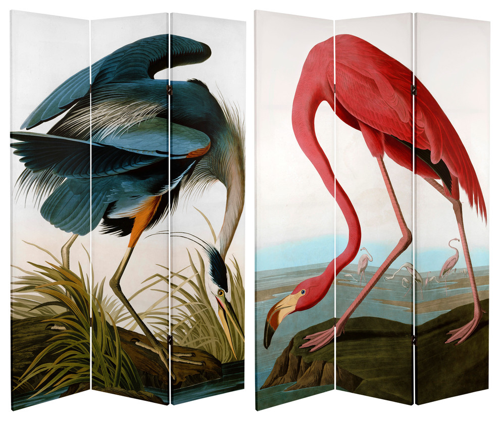 6' Tall Double Sided Audubon Heron and Flamingo Canvas Room Divider Tropical Screens And