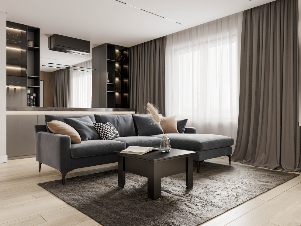 Гостиная и кухня в бежево-серых оттенках