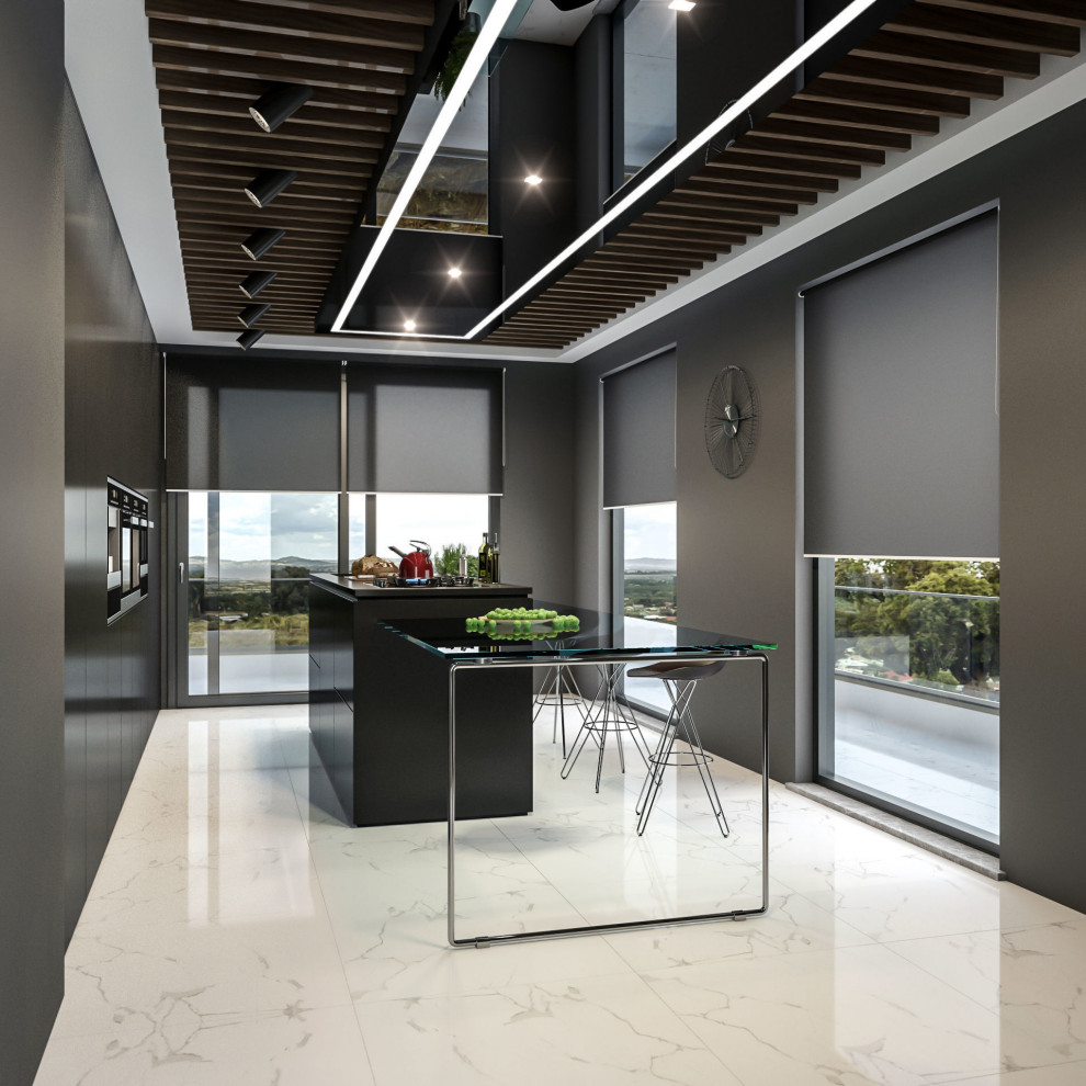 Medium sized contemporary single-wall enclosed kitchen in Leipzig with a built-in sink, flat-panel cabinets, black cabinets, wood worktops, black appliances, marble flooring, an island, white floors, black worktops and a coffered ceiling.