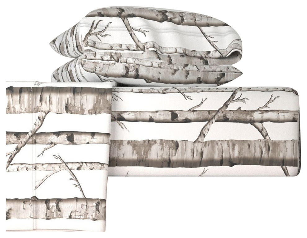 Birch Forest In Black And White White 4pc Cotton Sheet Set, Queen