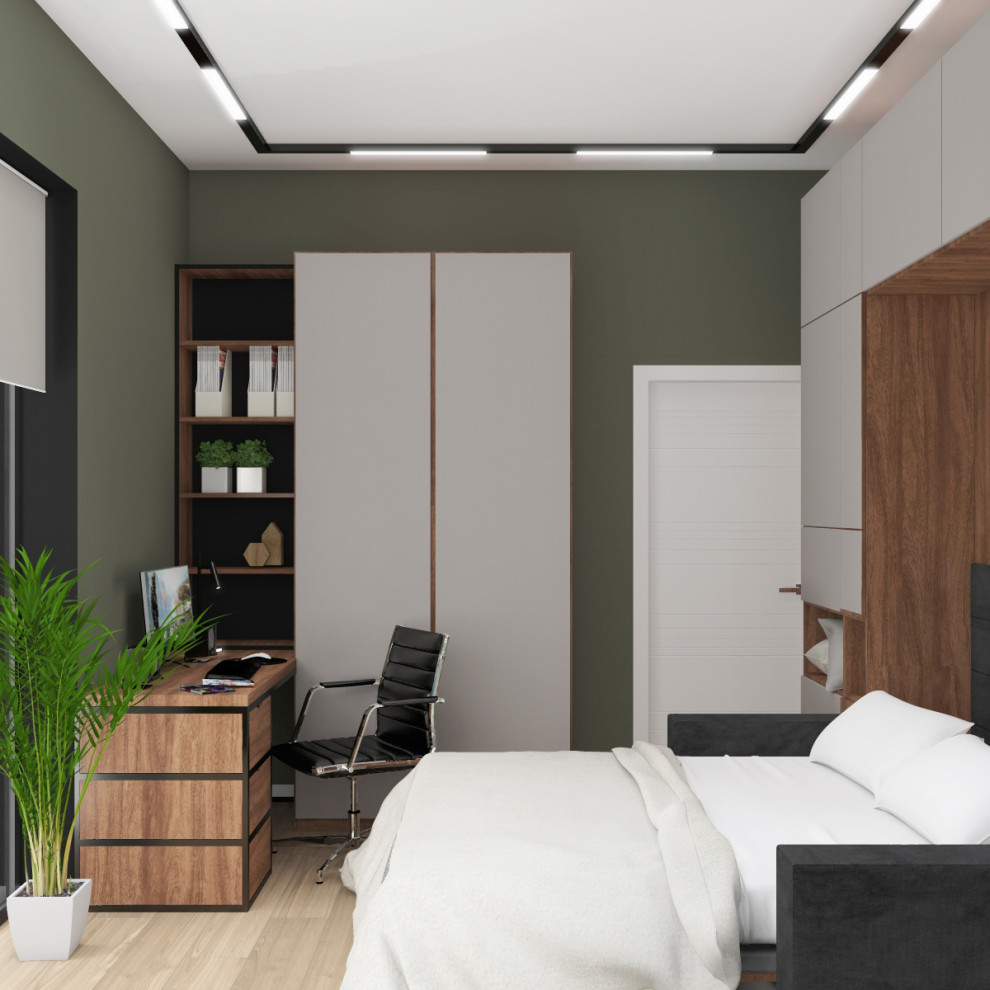 Modelo de dormitorio principal y blanco y madera actual de tamaño medio sin chimenea con paredes beige, suelo laminado, suelo beige, bandeja y papel pintado