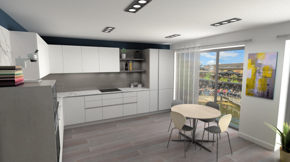 This is an example of a mid-sized modern l-shaped open plan kitchen in Other with a single-bowl sink, flat-panel cabinets, grey cabinets, quartzite benchtops, grey splashback, glass sheet splashback, black appliances, laminate floors, no island, multi-coloured floor and multi-coloured benchtop.