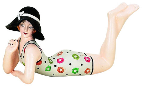 Retro Bathing Beauty Lying Figurine Statue Swim Suit Woman Bright Flowers Beach Style