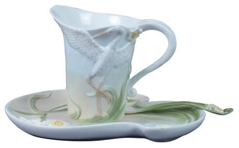 Egret Coffee Cup Set With Spoon, Birds, Fine Porcelain