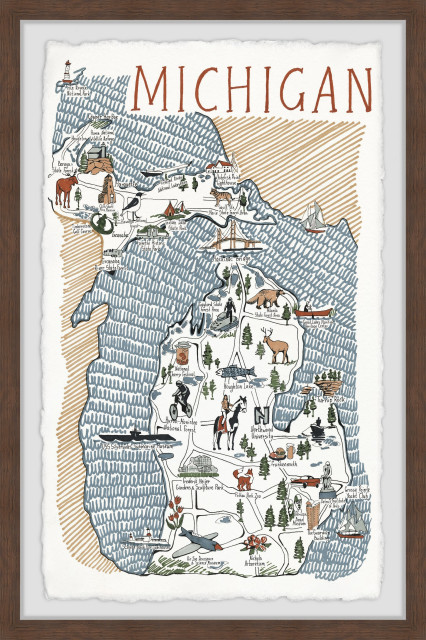 "Michigan Illustrated Map" Framed Painting Print, 24"x36"
