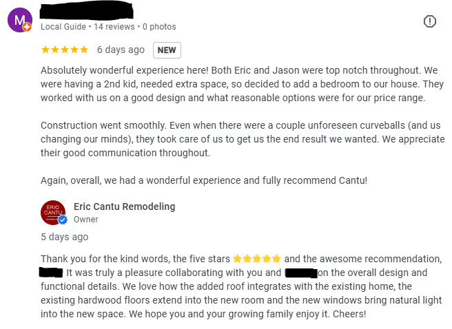 Customer Review for Eric Cantu Remodeling for a Room Addition done on a Historic 1920s Craftsman style home in Lower Greenville/M Streets neighborhood in Belmont Addition Conservation District
