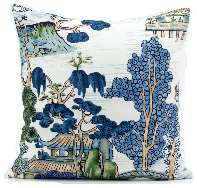 Asian Scenic Pillow Cover, Thibaut Chinoiserie Fabric, 18"x18" Asian