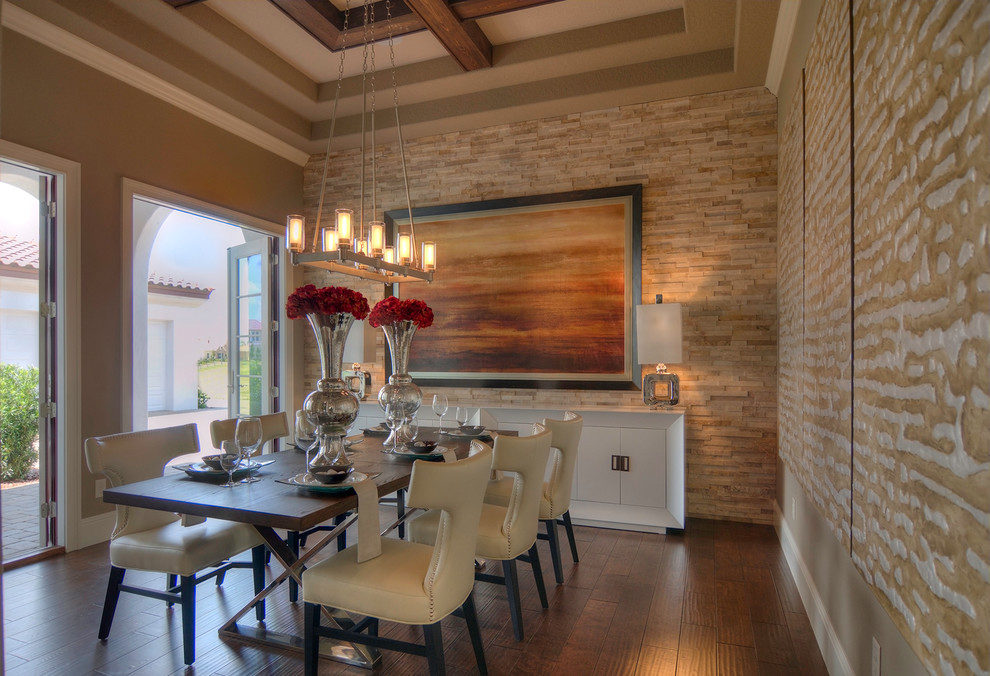 Inspiration for a transitional dining room in Orlando with beige walls, exposed beam and wallpaper.