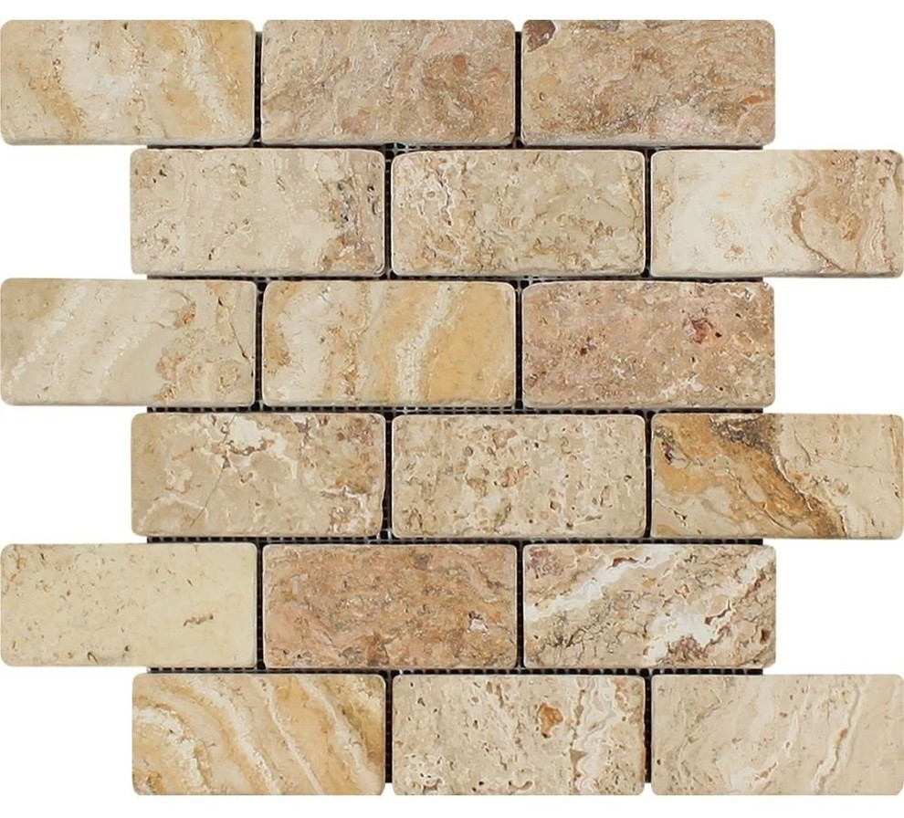 Travertine Valencia Brick Mosaic, 2x4, Tumbled Mosaic Tiles